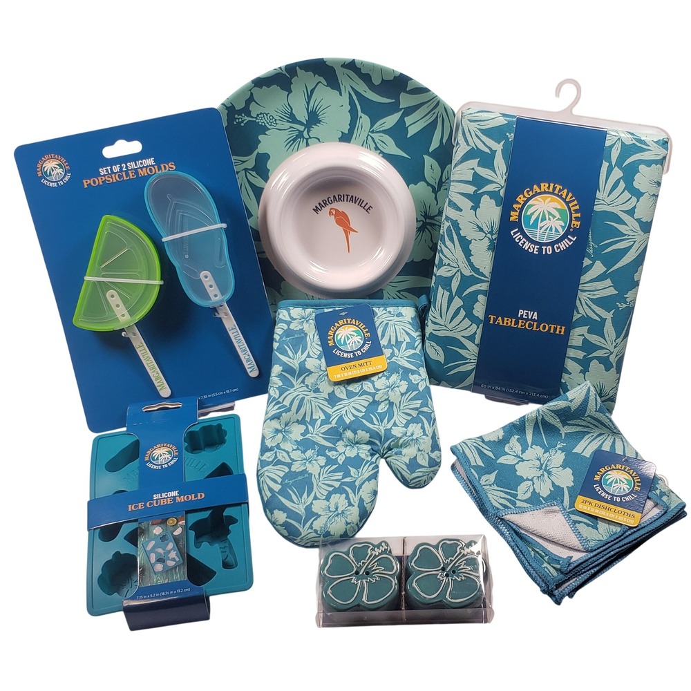 Margaritaville NEW 7Pc Kitchen Set Tablecloth mitt salt/pepper ice/popsicle mold